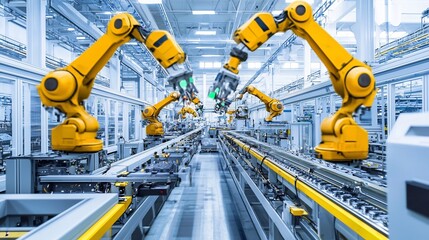 A factory using ai controlled robotic arms for high speed assembly line production in modern digital art style