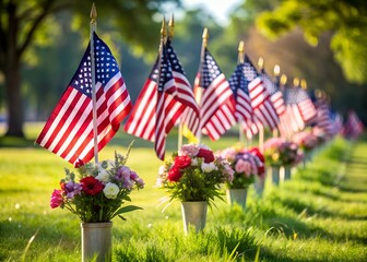 American Flags and Flowers at Memorial Site