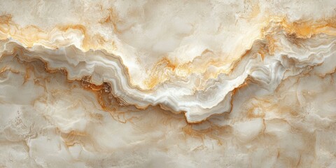 Close-up view of creamy beige and golden wavy textured marble surface with layered natural stone patterns