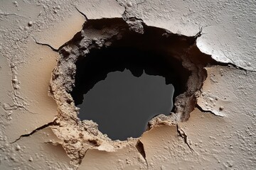 Close-up of a large hole in a cracked, deteriorating wall with rough edges and peeling paint revealing dark space behind