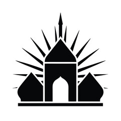 Simple black and white illustration of an islamic mosque icon with sunburst elements for religious designs