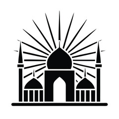 Vector illustration of a black and white islamic mosque with radiant sunburst symbol design elements.
