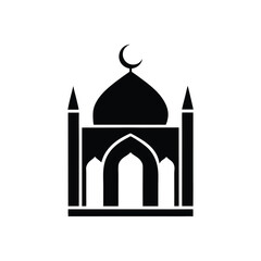 Iconic black silhouette of a mosque with a crescent moon symbol for islamic religious themes and designs