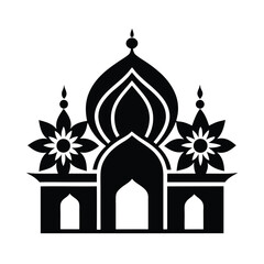 Intricate black and white illustration of a stylized mosque design with floral elements and decorative details