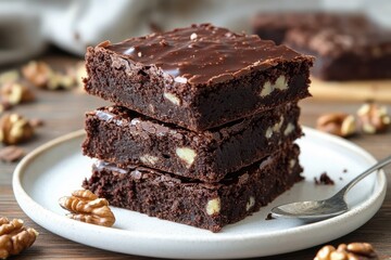 Three stacked chocolate brownies with walnut pieces on a white plate with a spoon on a wooden table, evoking a cozy and indulgent mood