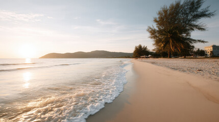 Fototapeta premium serene tropical beach with crystal clear waters and soft white sand surrounded by lush palm trees
