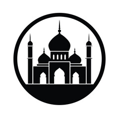 Black and white mosque silhouette design within a circle for islamic culture and religious themes