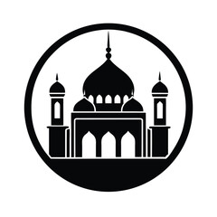 Elegant black and white silhouette of a mosque inside a circle suitable for islamic design