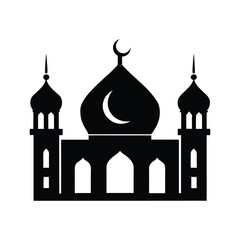 Simple black mosque silhouette with crescent moon symbol on a white background suitable for islamic designs