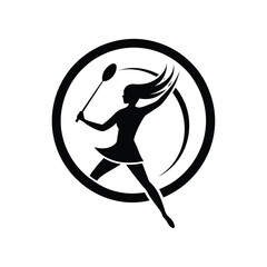 Elegant black and white logo of a badminton player serving inside a circular frame for branding