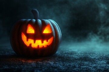 Illuminated pumpkin on frosted ground, ominous ambiance
