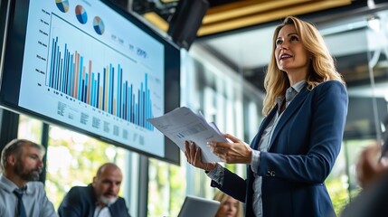 Stock photo concept: A female cfo presenting quarterly financial reports to shareholders