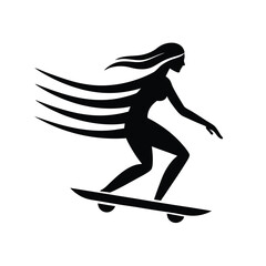 Silhouette of a woman skateboarding with flowing hair in dynamic motion against a white background