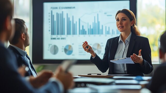 A female cfo presenting quarterly financial reports to shareholders in modern digital art style