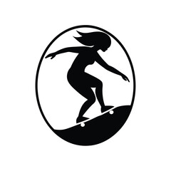 Silhouette of a woman skateboarding inside an oval frame representing action sport and modern lifestyle