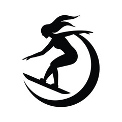 Silhouette of a female surfer riding a wave vector illustration design suitable for sports or lifestyle brands