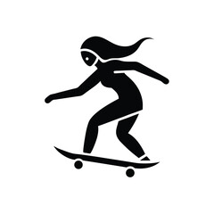 Silhouette illustration of a woman skateboarding demonstrating action motion and dynamic movement on a white background