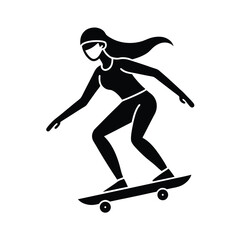 Black and white illustration of a woman skateboarding showing dynamic movement and a stylish active lifestyle