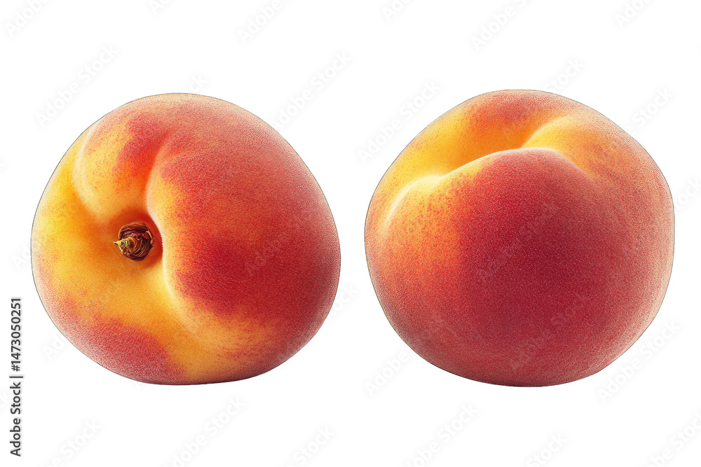 Poster two ripe peaches one facing the viewer and the other facing slightly to the right isolated on a tran