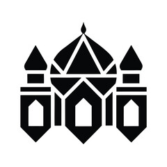 Modern islamic mosque icon in black and white illustrating architectural design for religious concepts and muslim communities