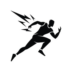 Dynamic black and white silhouette of a sprinting athlete with lightning bolt elements depicting speed and power