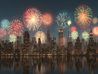 Fototapeta premium Colorful Fireworks Over City Skyline Reflecting on River at Night