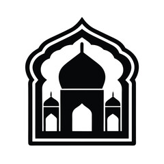 Bold black and white silhouette illustration of an islamic mosque with architectural elements and traditional design