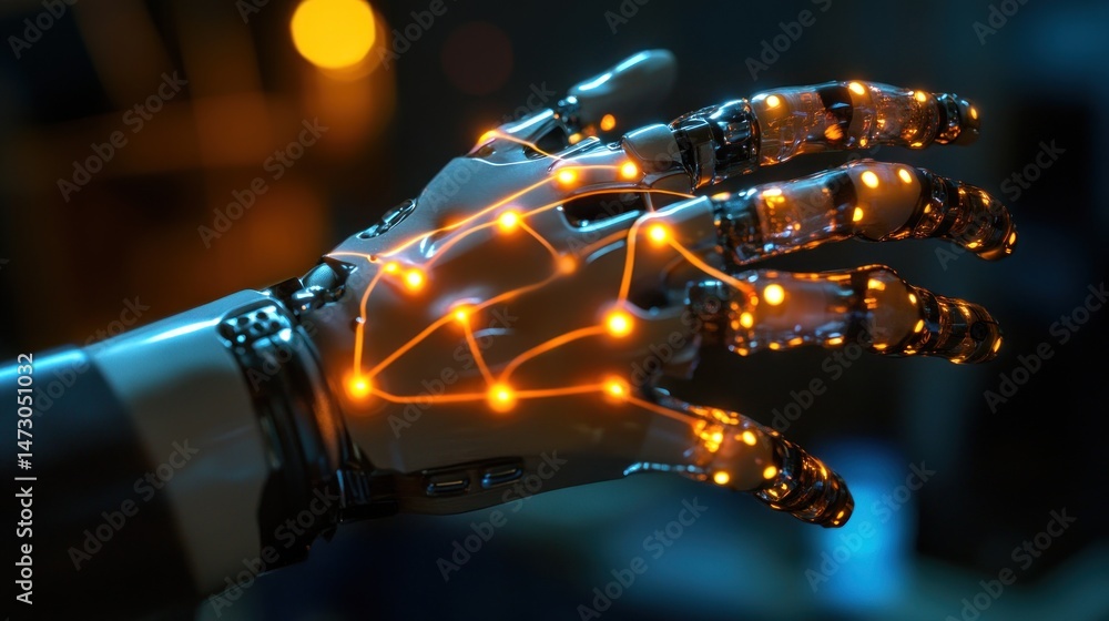 Poster advanced robotic hand with glowing neural network