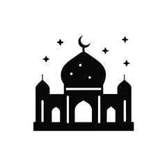 Black silhouette illustration of a mosque with a crescent moon and stars islamic religious architecture concept design