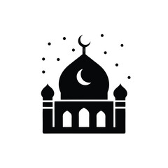 Simple and elegant black silhouette of a mosque with a crescent moon and decorative elements