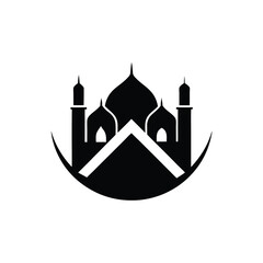 Black and white stylized illustration of a mosque with domes and minarets in a simple geometric design.