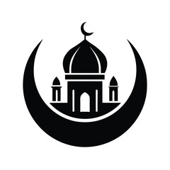 Elegant black silhouette of a mosque with crescent moon symbol representing islamic culture and religion