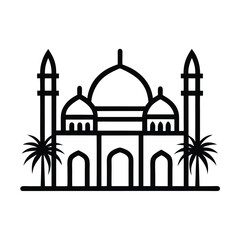Simple black line illustration of a mosque with palm trees depicting islamic architecture design