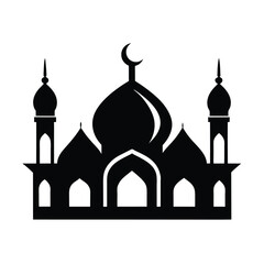 Elegant black mosque silhouette depicting islamic architecture with a crescent moon and minarets on a white background