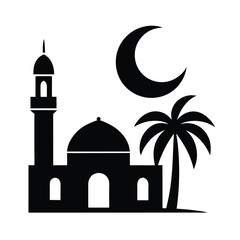 Silhouette vector illustration of mosque crescent moon palm tree design for islamic cultural themes