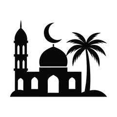 Silhouette illustration of a mosque featuring a crescent moon palm tree and islamic architecture for design use.