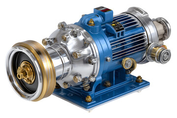 Highperformance industrial pump motor unit closeup studio shot metallic blue and silver