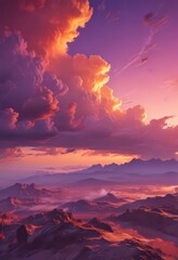 Fiery sunset, vibrant orange, pink, purple cloudscape ,  idyllic,  stunning,  serene