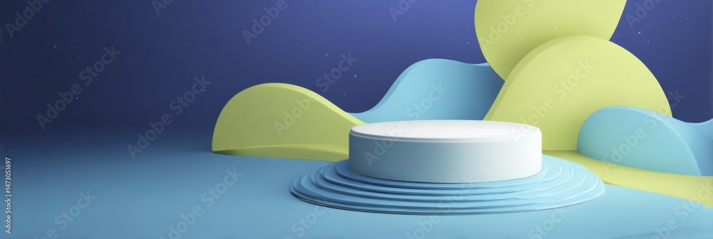 Fototapete digital promo badge displayed on an abstract curved platform surrounded by colorful shapes at a sere