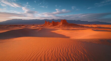 Fototapeta premium Vibrant orange desert landscape with rippled sand dunes and striking rock formations under a partly cloudy sky during golden hour