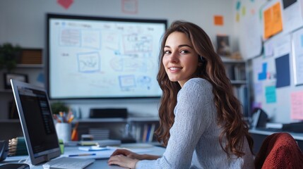 A female tutor hosting a smart teaching session online, using an interactive whiteboard and webcam to teach students remotely from her well organized study room – high-quality AI image