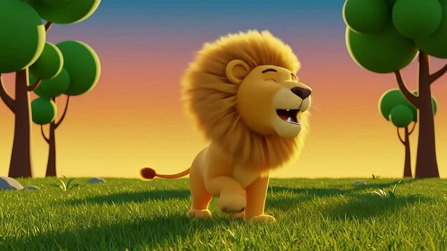 Animated cartoon lion standing and roaring in a grassy field at sunrise, Generative AI