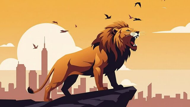 Animated Roaring lion on a rock overlooking stylized cityscape illustration, Generative AI