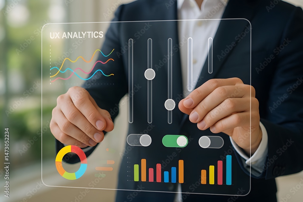 Poster a professional male executive moves graphical controls and bar charts in a holographic dashboard. co