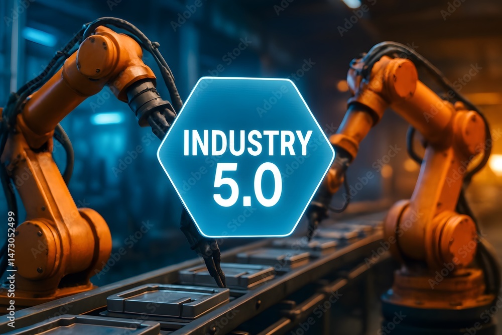 Aufkleber dual robotic arms work in sync on an automated assembly line under an industry 5.0 emblem. concept o