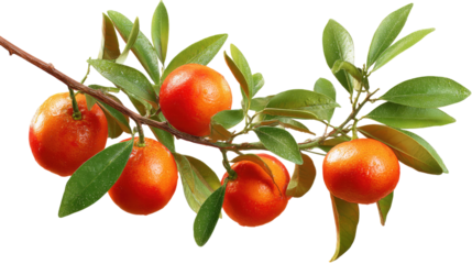  Orange branch with ripe fruits and scattered fresh oranges on transparent background