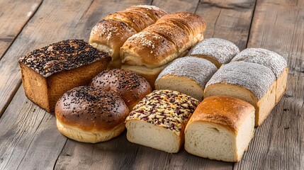 Assorted Artisan Breads on Rustic Wooden Table