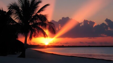 Stunning Tropical Sunset Beach Scene Palm Tree Silhouette