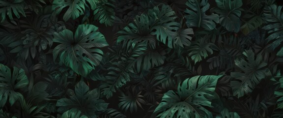 Fototapeta premium Bold tropical foliage, black & deep green, abstract swirls, dark pattern , wallpaper, bold