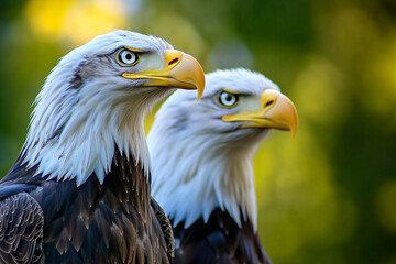 Obraz premium Portrait of Bald Eagles: Majestic Pair Observing the Natural Environment